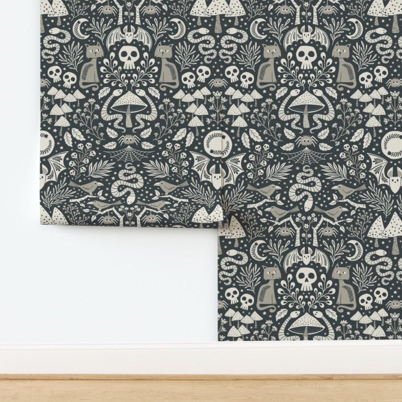 Whimsigoth Woodland Folk Art Gothic Halloween Steampunk Witchy Dark Academia Whimsical Spooky Snakes Bats Moon Skull Night Haunted Spider Custom Removable Wallpaper by Spoonflower Peel & Stick Wallpaper 2FT Wide